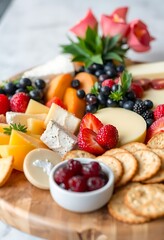 platter of cheese, fruit, and crackers