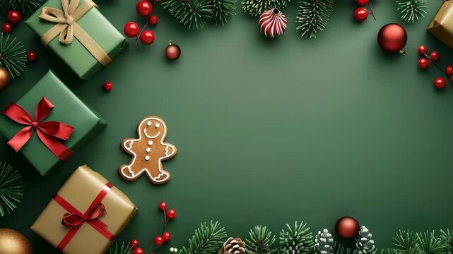 Overhead shot of presents, ornaments, evergreen sprigs, pinecones, and gingerbread man forming a festive border around green background, perfect for holiday season.