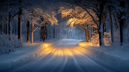 Enchanted Winter Night: A Snowy Path Illuminated