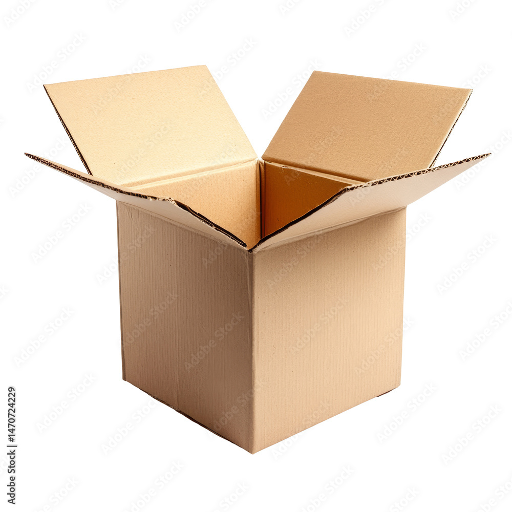 Poster a plain cardboard box with an open top on a clean transparent background ready for packing or storag