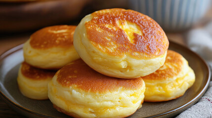 Stacked golden brown round pastries on plate