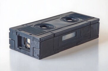 Obraz premium retro black rectangular camera with dual lenses and viewfinder resting on white surface