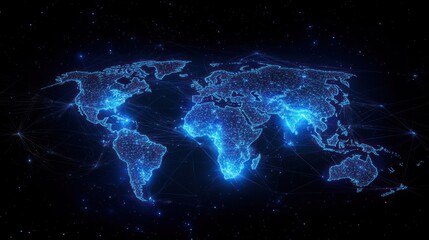 Naklejka premium Glowing digital world map with interconnected bright points representing global network and technology connections on dark background