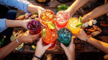 Group of people toast with six colorful iced drinks garnished with lime wedges over rustic wooden table in warm light, creating cheerful and festive atmosphere