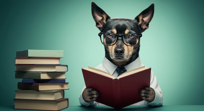 hyper realistic digital art, a scene where a serious dog, sporting a pair of sleek glasses and a crisp shirt, is deeply engrossed in reading a stack of books
