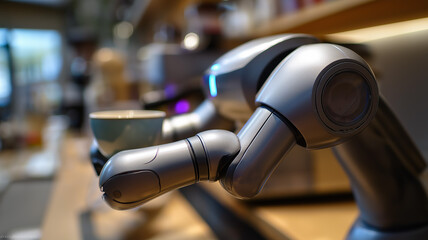 Robot barista cafe, sleek silver robot preparing custom orders from voice commands, sci-fi atmosphere