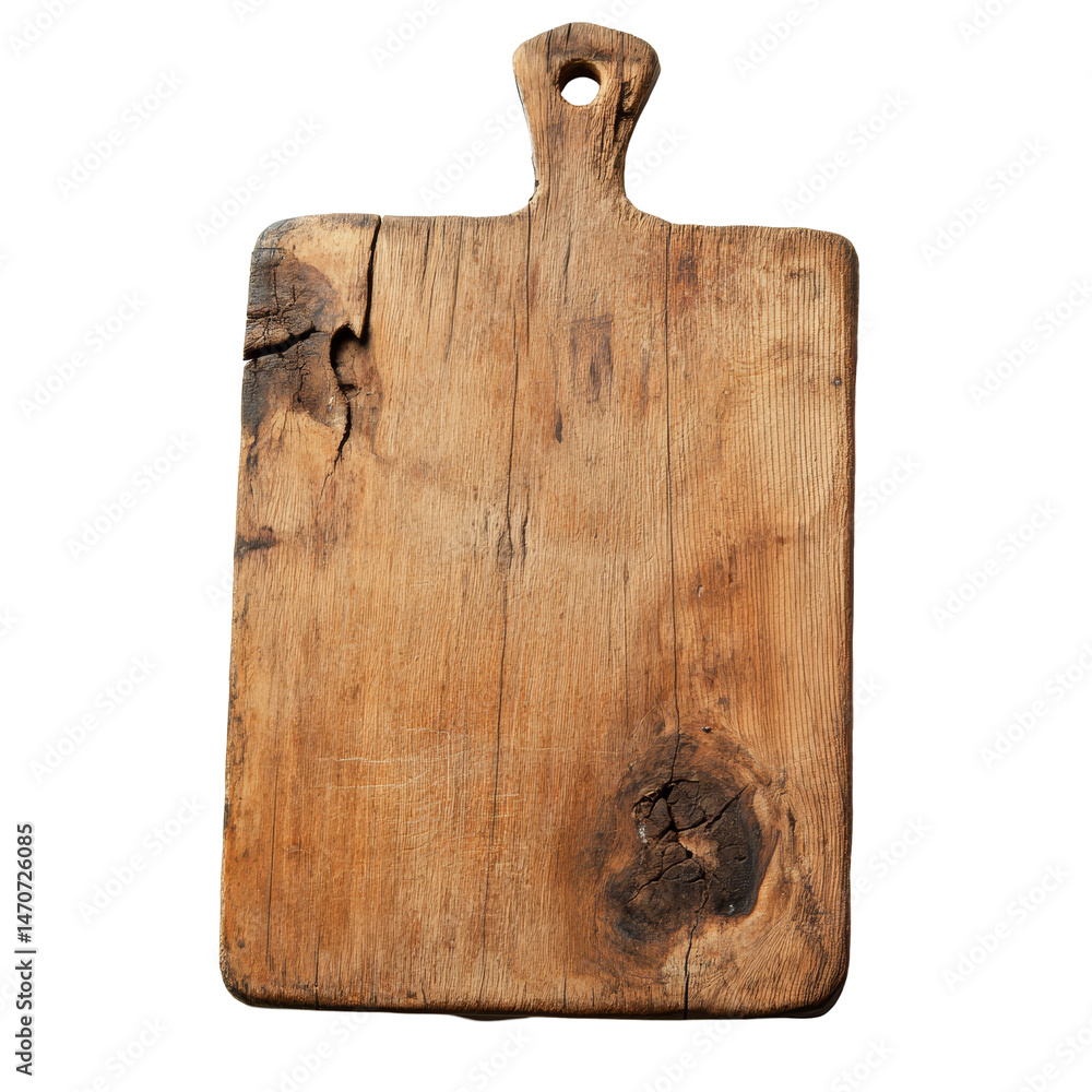 Poster isolated rustic wooden cutting board with a weathered surface and a unique grain pattern on a plain 