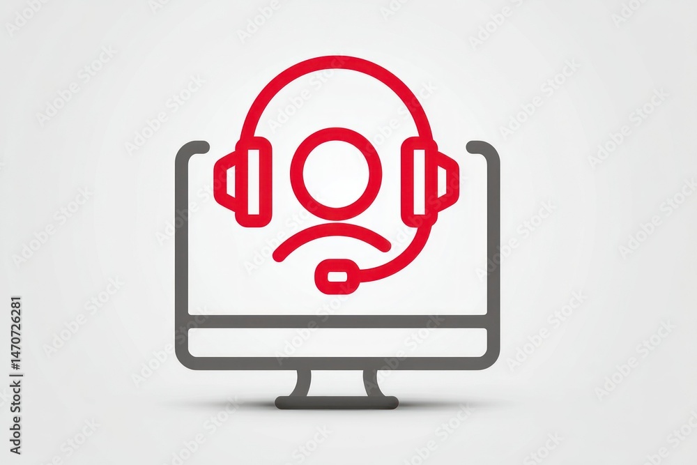 Poster customer support icon with headset and computer display for online assistance
