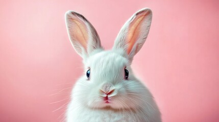 Fototapeta premium Close-up portrait of a cute white rabbit with large ears and shiny eyes against a soft pink background, evoking a gentle and calm mood
