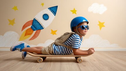 Young Boy in Helmet Riding Skateboard with Rocket Wall Art