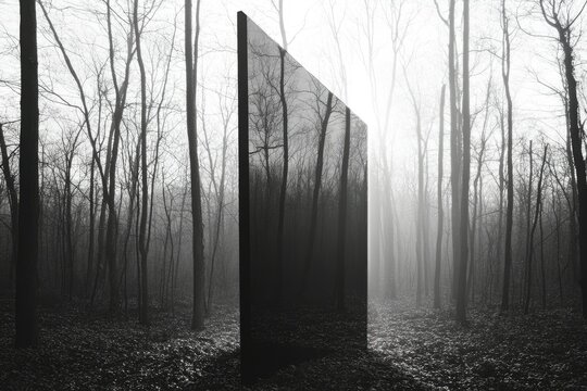 A dark, reflective monolith stands mysteriously in a foggy, leaf-strewn forest.