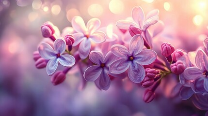 Close-up of delicate purple and pink flowers with soft glowing bokeh background creating a dreamy and peaceful atmosphere