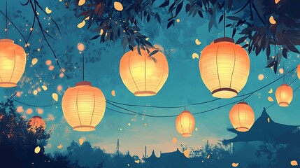 Obraz premium Glowing lanterns illuminated night sky festive celebration illustration