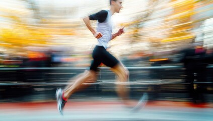 Naklejka premium blurred image of a person running outdoors with dynamic motion effect and autumn colors in the background