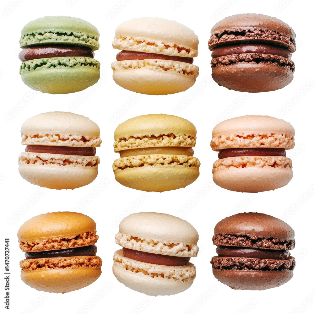 Poster colorful assortment of macaroons arranged neatly on a transparent background showcasing a variety of