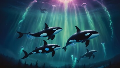 Fototapeta premium A family of orca whales swimming in unison under the magical aurora borealis, with a trail of glowing jellyfish marking their journey in the dark.