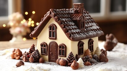A beautifully designed chocolate house with smooth, glossy walls and a dark chocolate roof, adorned with edible decorations for a charming presentation.  