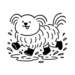 a cute hairy dog play with his boots on dirt water 