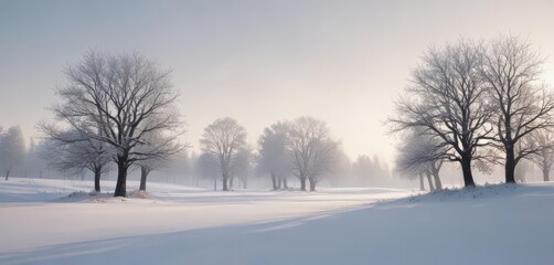 Glistening snowdrifts, stark silhouettes of trees against pale sky,  treeline,  snowdrift