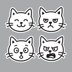 Obraz premium A fun set of four black and white cartoon cat face illustrations showing different emotions