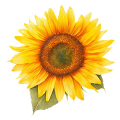 Obraz premium A vibrant close-up view of a radiant sunflower with detailed petals, a dark center, and a single leaf