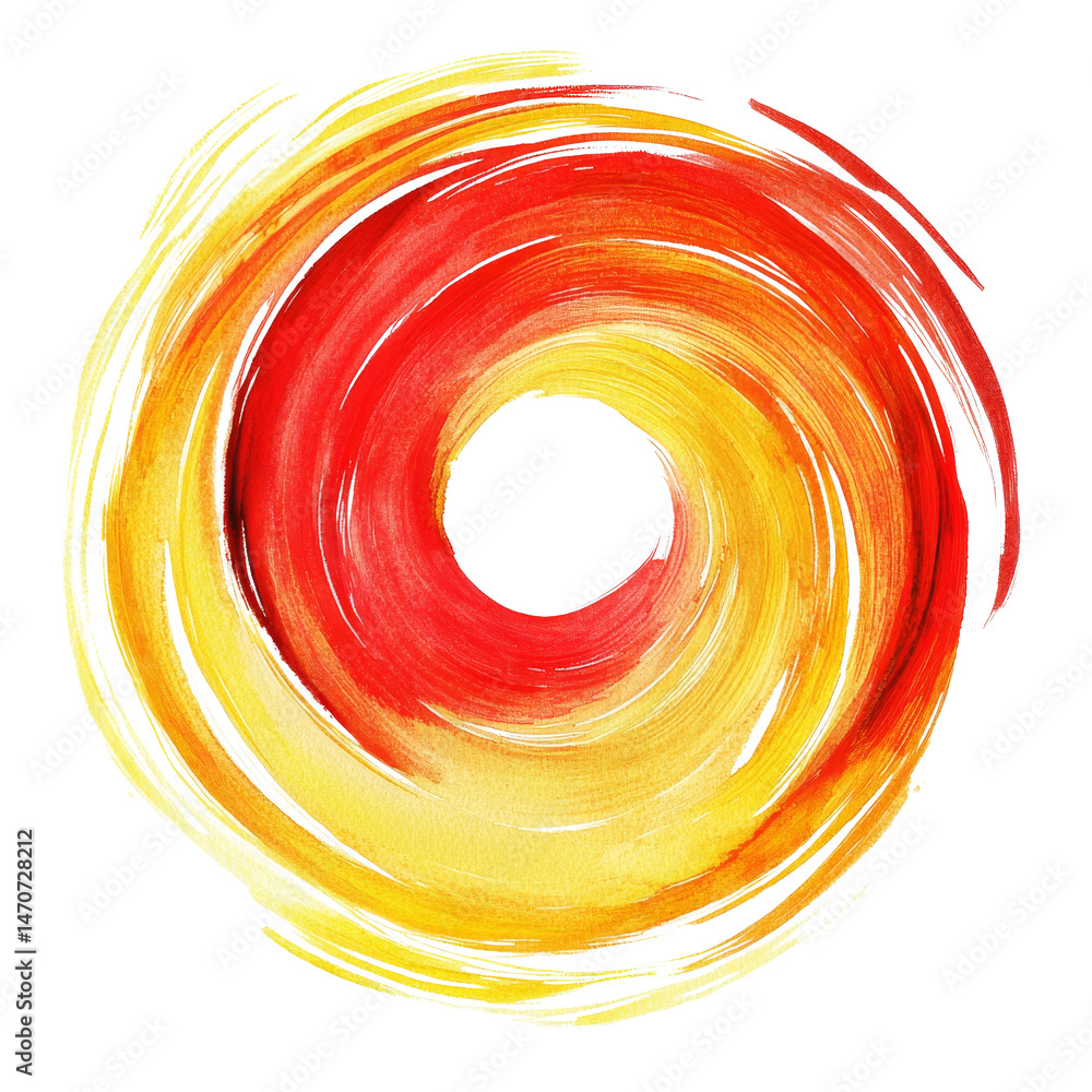 Poster vibrant red and yellow watercolor swirl creating a dynamic circular pattern on a transparent backgro