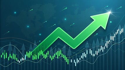 Fototapeta premium A detailed stock market data display with upward trending arrows indicating positive growth, set on a dark digital background, concept of financial success. 3D Rendering