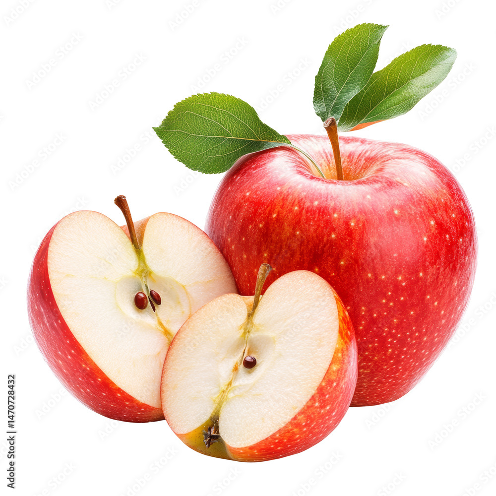Poster Fresh red apple and sliced piece isolated on a clean transparent background, apple with slice isolated on transparent background