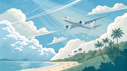 Naklejka premium Plane is flying in colorful sky at sunset. Landscape with passenger airplane over mountains ranges and hills in fog, orange sky. Aircraft is landing. Business. Aerial view. Transport. Private Jet.