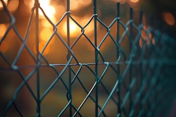 Fototapeta premium Close-up of a metal wire fence with a blurred warm sunset background creating a peaceful and contemplative atmosphere