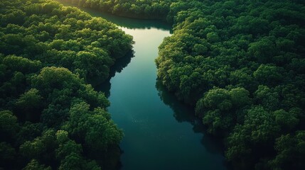 Calm river winding through dense lush green forest under soft natural light