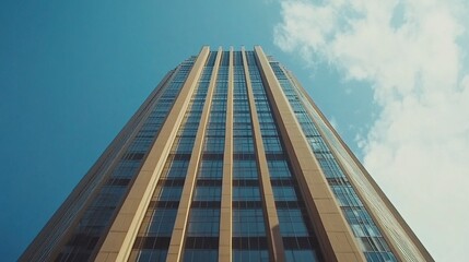 A close-up of sharp architectural angles on a modern skyscraper, the imposing design reflecting the dynamic energy of the city; medium shot, high detail, urban prestige.  