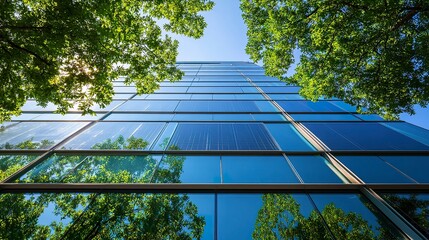 A contemporary eco-friendly building with solar panels and tree-lined terraces, its reflective glass facade blending with the greenery; low-angle view, crisp lighting, sustainable design. 