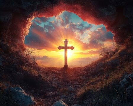 Wooden cross silhouetted against a vibrant sunrise seen from inside a rocky cave entrance with surrounding grass and distant mountains under dramatic clouds