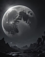 Giant full moon dominates inky black sky, unsettling shadows ,  halloween,  darkness