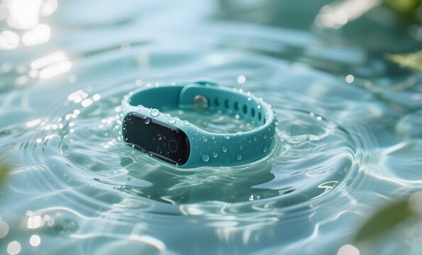 Waterproof Fitness Tracker Half Submerged in Crystal Clear Water with Ripples and Droplets Under Bright Sunlight - Powered by Adobe