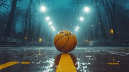 Rainy Night Basketball Court: A Lonely Ball Under the Lights