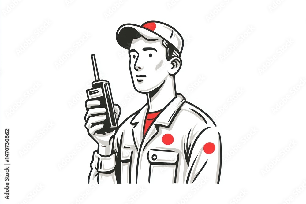 Poster a worker in uniform holding a walkietalkie ready for communication tasks