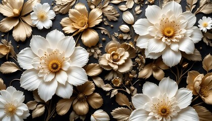 Luxurious golden floral ornaments in a symmetrical, embossed pattern. Ideal for wallpapers, textile design, luxury branding, or elegant decorative backgrounds.