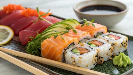 Wooden Board with Variety of Colorful Sushi Rolls in Japanese Style Presentation