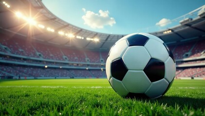 Naklejka premium A giant soccer ball sits in a stadium, ready for kickoff , night, large soccer ball