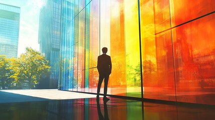 Fototapeta premium A man pauses in front of a glass-clad high-rise, sunlight creating vibrant reflections on the structure; eye-level shot, bright tones, minimalistic city mood. 
