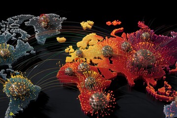 Colorful digital map highlighting viral spread vectors globally.
