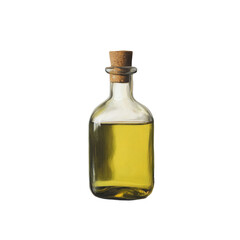 A glass oil bottle filled with golden liquid on a minimalist transparent background illuminated by soft light, Oil bottle on transparent background