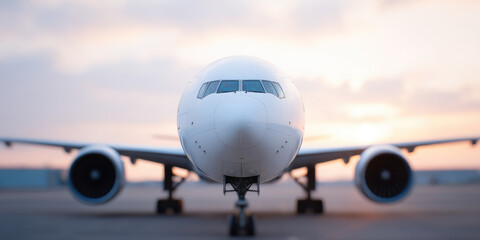A large airplane is stationed on the runway, facing the viewer with a sunset in the backdrop. Air travel, transportation, aviation