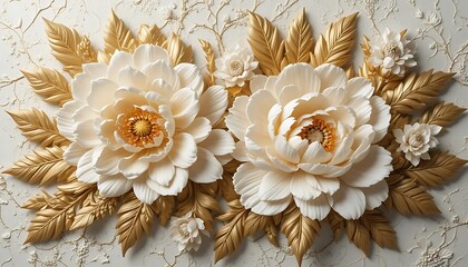 Luxurious golden floral ornaments in a symmetrical, embossed pattern. Ideal for wallpapers, textile design, luxury branding, or elegant decorative backgrounds.