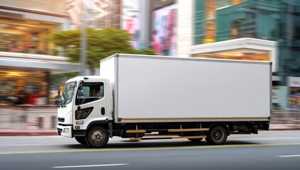 White delivery truck driving through a bustling city street.