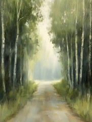 Obraz premium A winding path through a serene birch forest evokes a sense of tranquility and mystery. The soft light filtering through the trees creates a magical atmosphere, inviting you to explore the unknown.