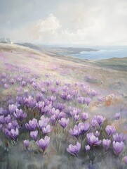 Fototapeta premium A landscape in the foreground showcases a hillside blanketed in vibrant purple flowers. The scenery evokes a sense of tranquility, beauty, and the allure of nature. 