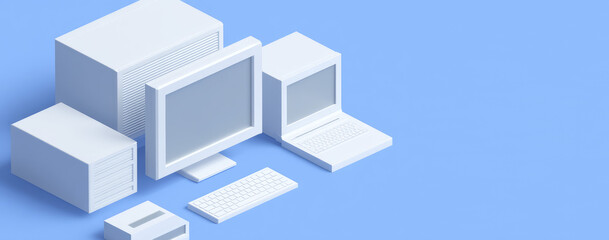 Various white computer hardware, including monitors, desktops, and a keyboard, are arranged on a flat surface. Retro technology setup concept